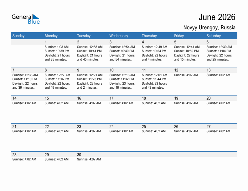 Novyy Urengoy June 2026 sunrise and sunset calendar in PDF, Excel, and Word