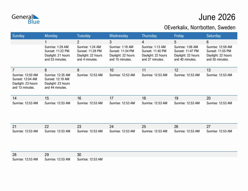 OEverkalix June 2026 sunrise and sunset calendar in PDF, Excel, and Word