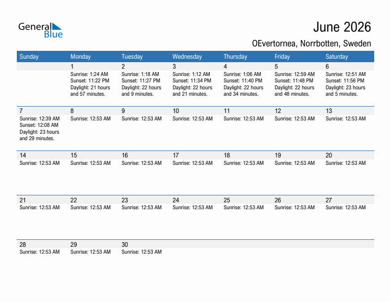 OEvertornea June 2026 sunrise and sunset calendar in PDF, Excel, and Word