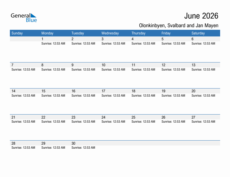 Olonkinbyen June 2026 sunrise and sunset calendar in PDF, Excel, and Word