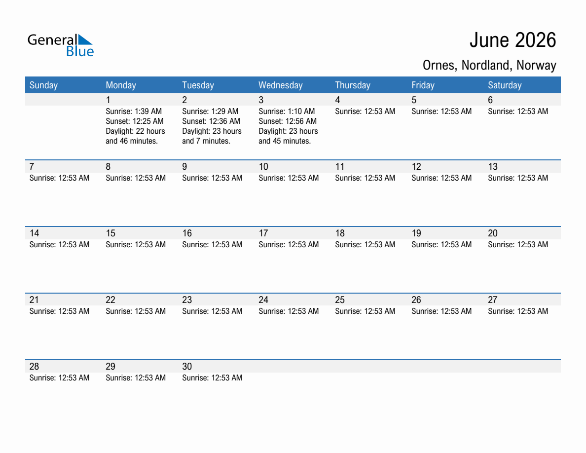 June 2026 sunrise and sunset calendar for Ornes