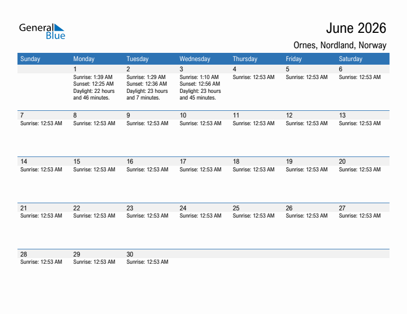 Ornes June 2026 sunrise and sunset calendar in PDF, Excel, and Word
