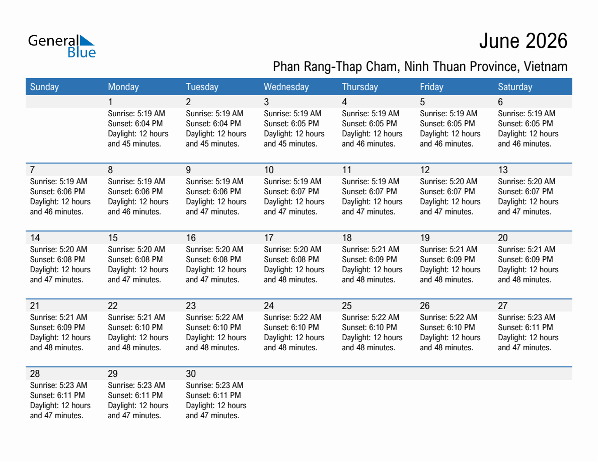 June 2026 sunrise and sunset calendar for Phan Rang-Thap Cham