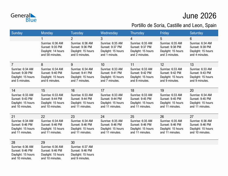 Portillo de Soria June 2026 sunrise and sunset calendar in PDF, Excel, and Word