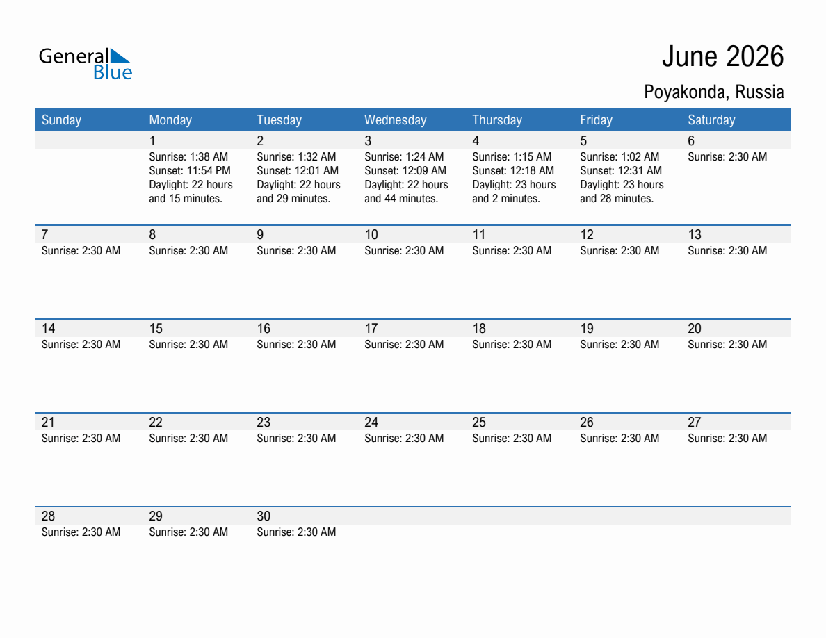 June 2026 sunrise and sunset calendar for Poyakonda