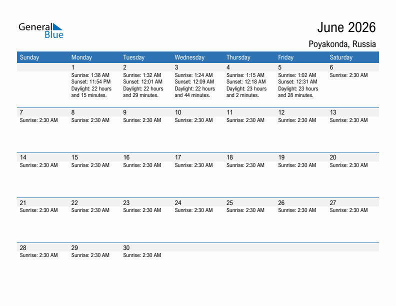 Poyakonda June 2026 sunrise and sunset calendar in PDF, Excel, and Word