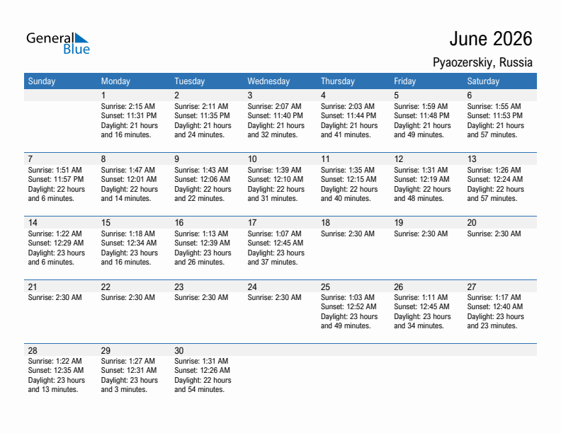 Pyaozerskiy June 2026 sunrise and sunset calendar in PDF, Excel, and Word
