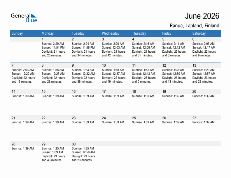 Ranua June 2026 sunrise and sunset calendar in PDF, Excel, and Word