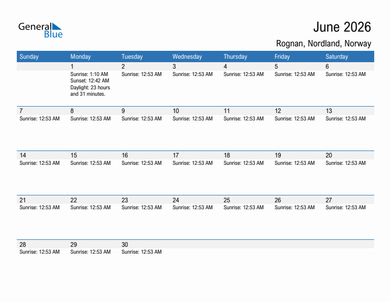 Rognan June 2026 sunrise and sunset calendar in PDF, Excel, and Word
