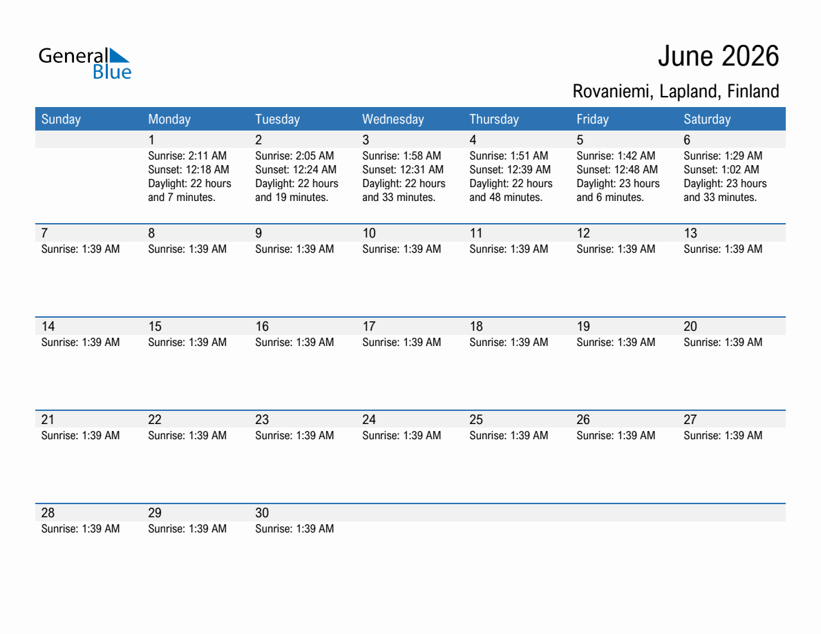 June 2026 sunrise and sunset calendar for Rovaniemi