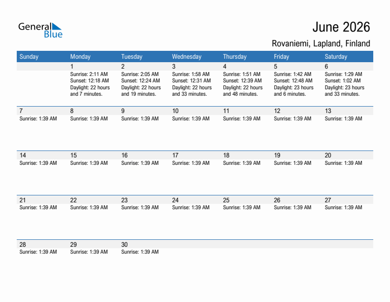 Rovaniemi June 2026 sunrise and sunset calendar in PDF, Excel, and Word