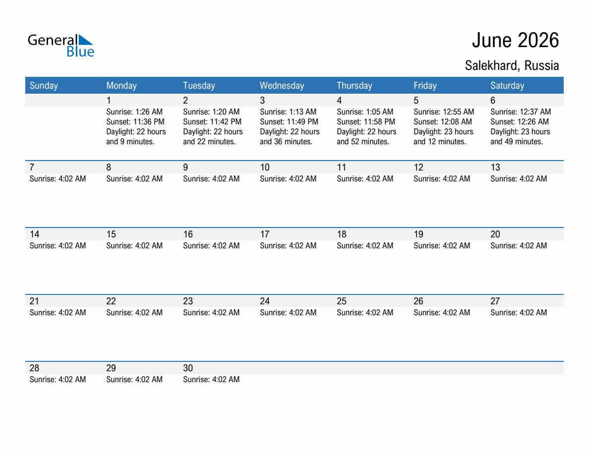 June 2026 sunrise and sunset calendar for Salekhard