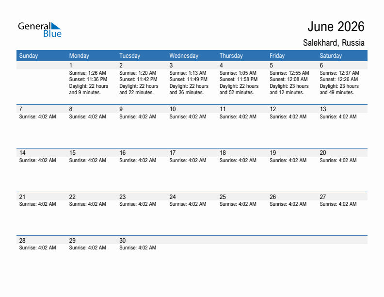 Salekhard June 2026 sunrise and sunset calendar in PDF, Excel, and Word