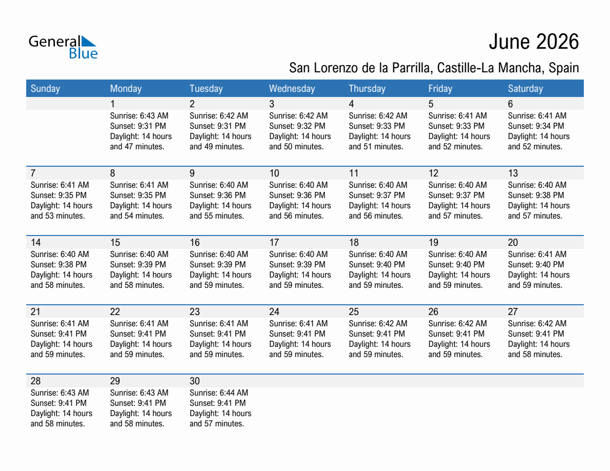 June 2026 sunrise and sunset calendar for San Lorenzo de la Parrilla