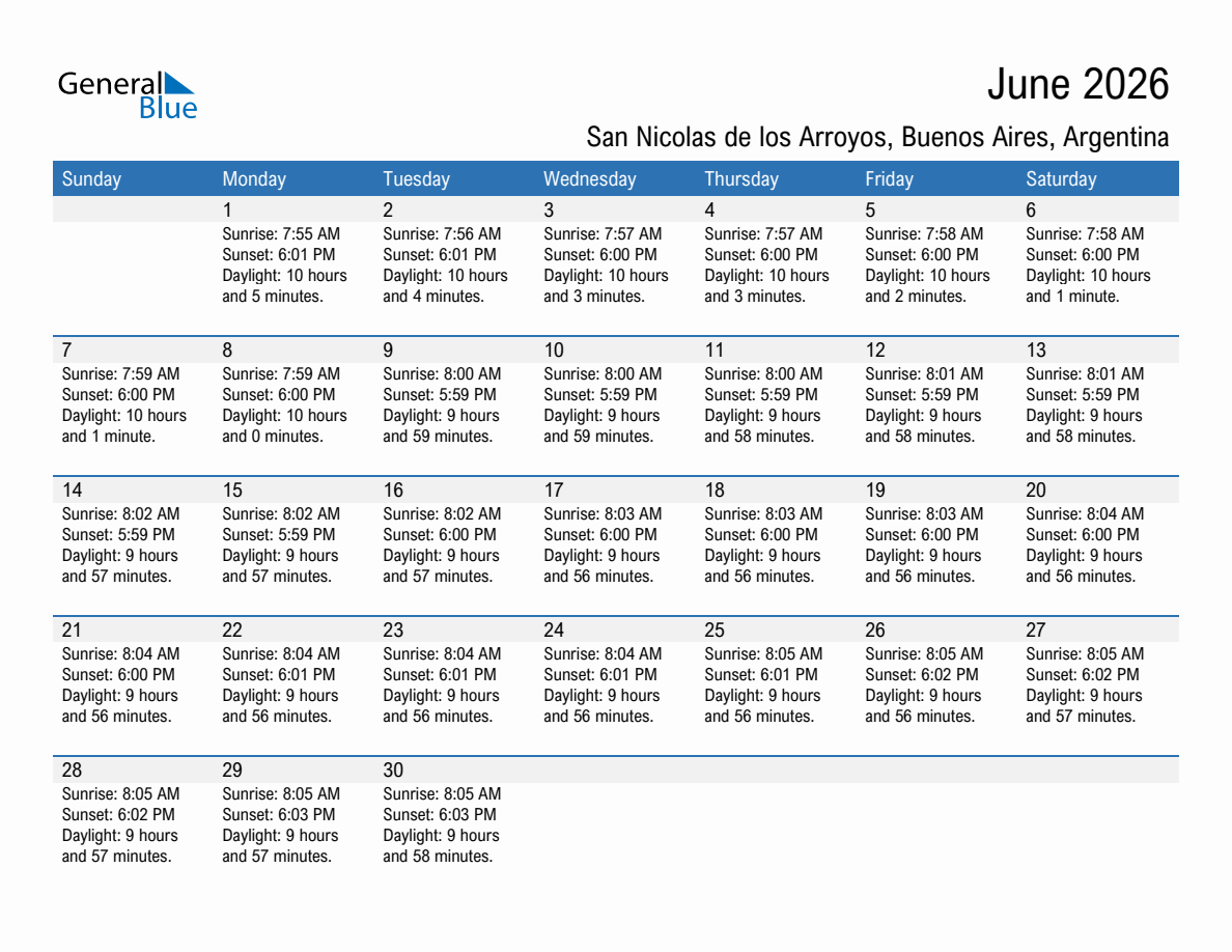 June 2026 sunrise and sunset calendar for San Nicolas de los Arroyos