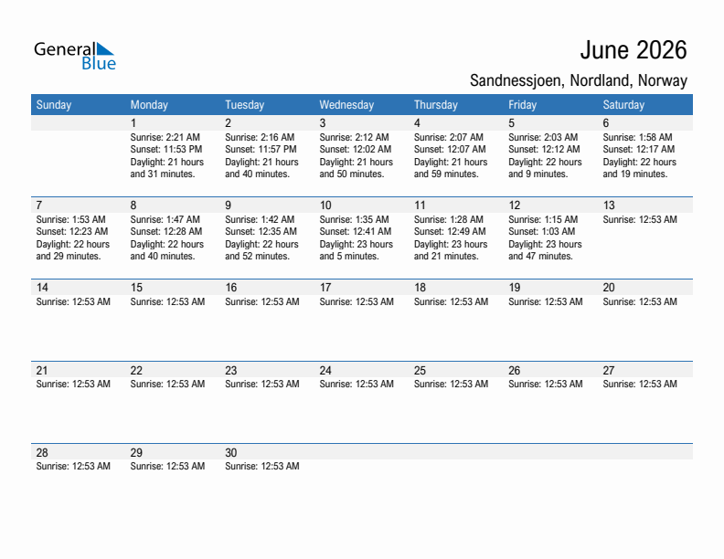 Sandnessjoen June 2026 sunrise and sunset calendar in PDF, Excel, and Word