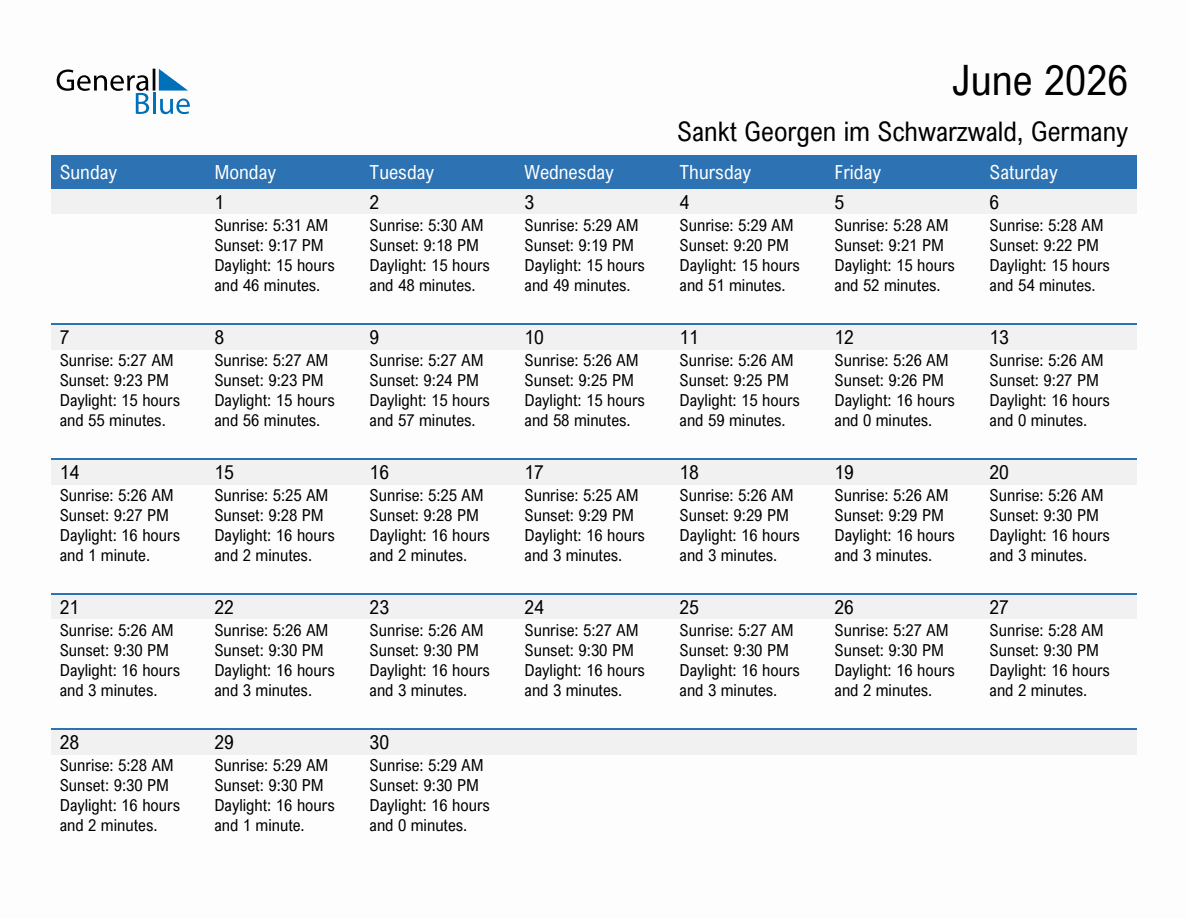 June 2026 sunrise and sunset calendar for Sankt Georgen im Schwarzwald