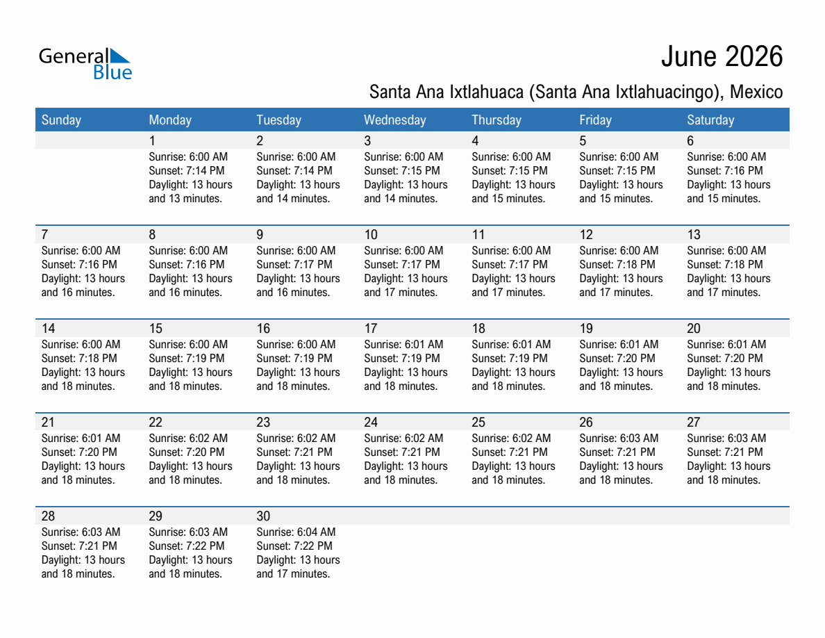 June 2026 sunrise and sunset calendar for Santa Ana Ixtlahuaca (Santa Ana Ixtlahuacingo)
