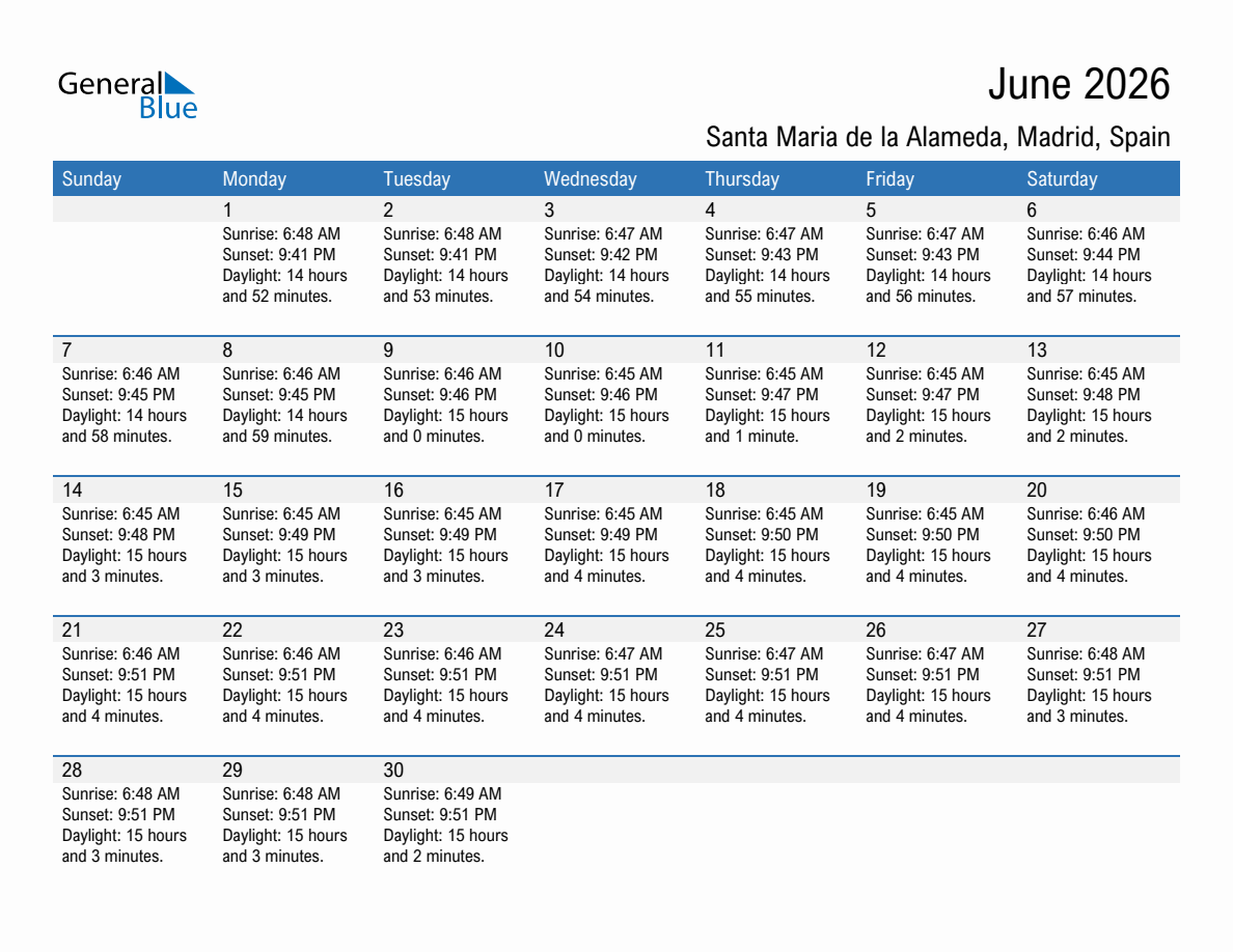 June 2026 sunrise and sunset calendar for Santa Maria de la Alameda