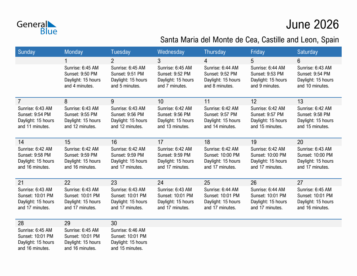 June 2026 sunrise and sunset calendar for Santa Maria del Monte de Cea