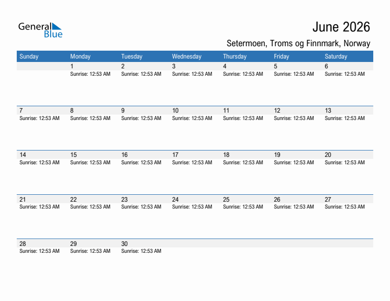 Setermoen June 2026 sunrise and sunset calendar in PDF, Excel, and Word