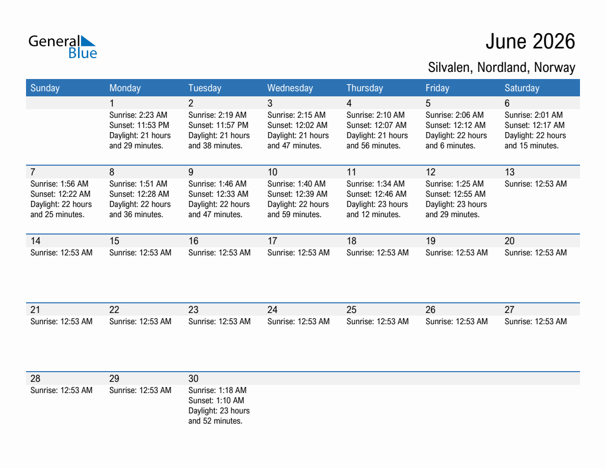 June 2026 sunrise and sunset calendar for Silvalen