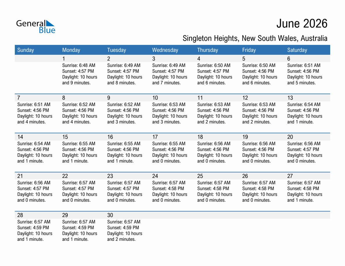 June 2026 sunrise and sunset calendar for Singleton Heights
