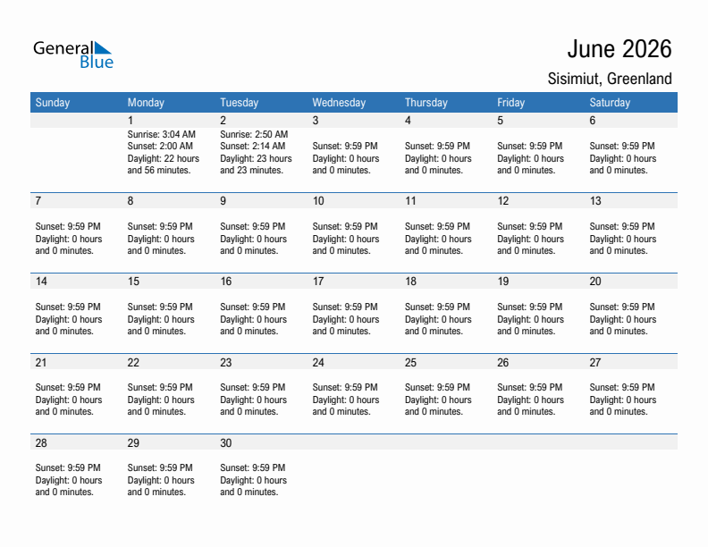 Sisimiut June 2026 sunrise and sunset calendar in PDF, Excel, and Word
