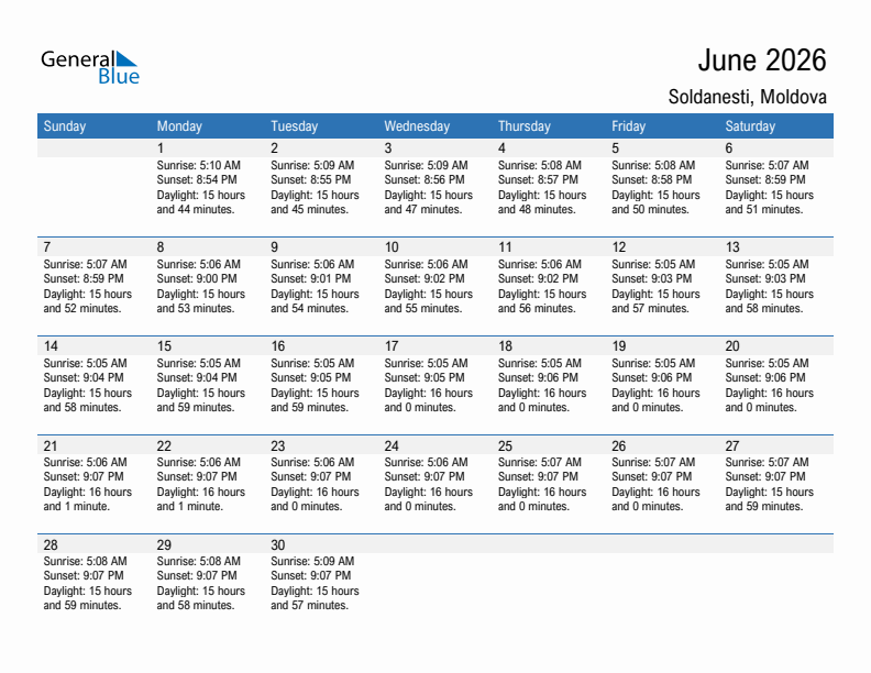 Soldanesti June 2026 sunrise and sunset calendar in PDF, Excel, and Word