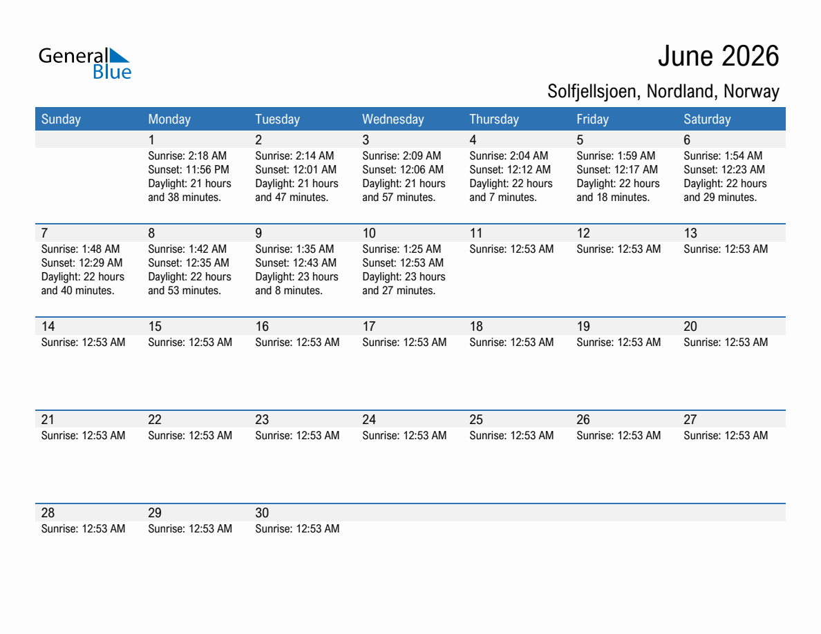 June 2026 sunrise and sunset calendar for Solfjellsjoen