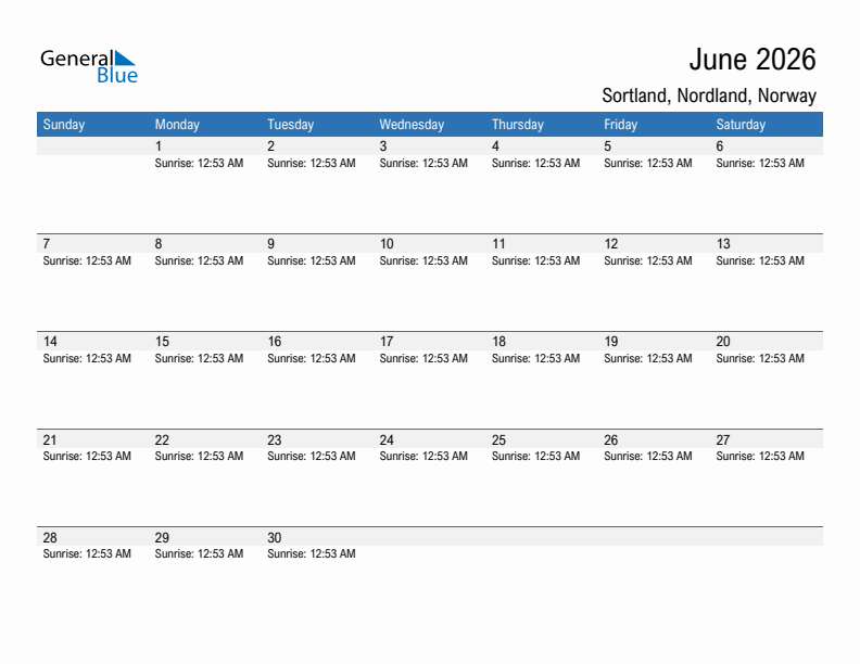 Sortland June 2026 sunrise and sunset calendar in PDF, Excel, and Word