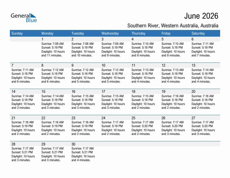 Southern River June 2026 sunrise and sunset calendar in PDF, Excel, and Word