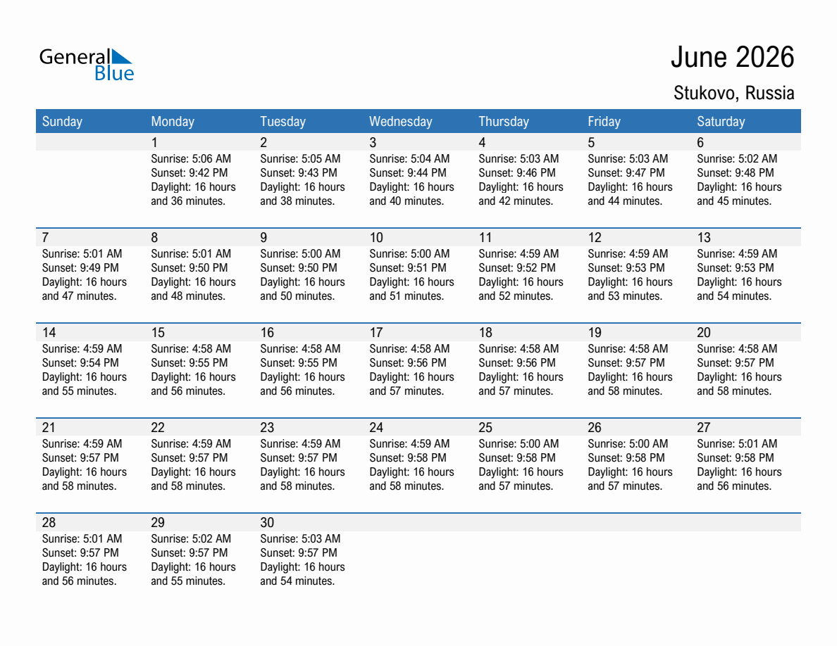June 2026 sunrise and sunset calendar for Stukovo