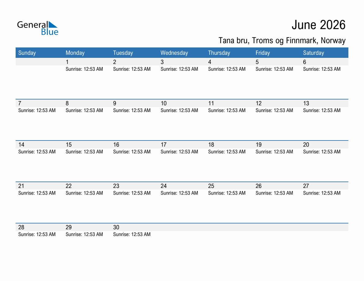 June 2026 sunrise and sunset calendar for Tana bru