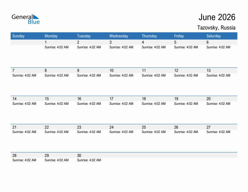 Tazovsky June 2026 sunrise and sunset calendar in PDF, Excel, and Word