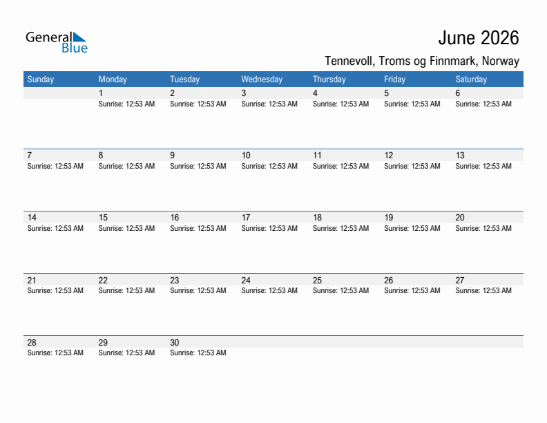 Tennevoll June 2026 sunrise and sunset calendar in PDF, Excel, and Word