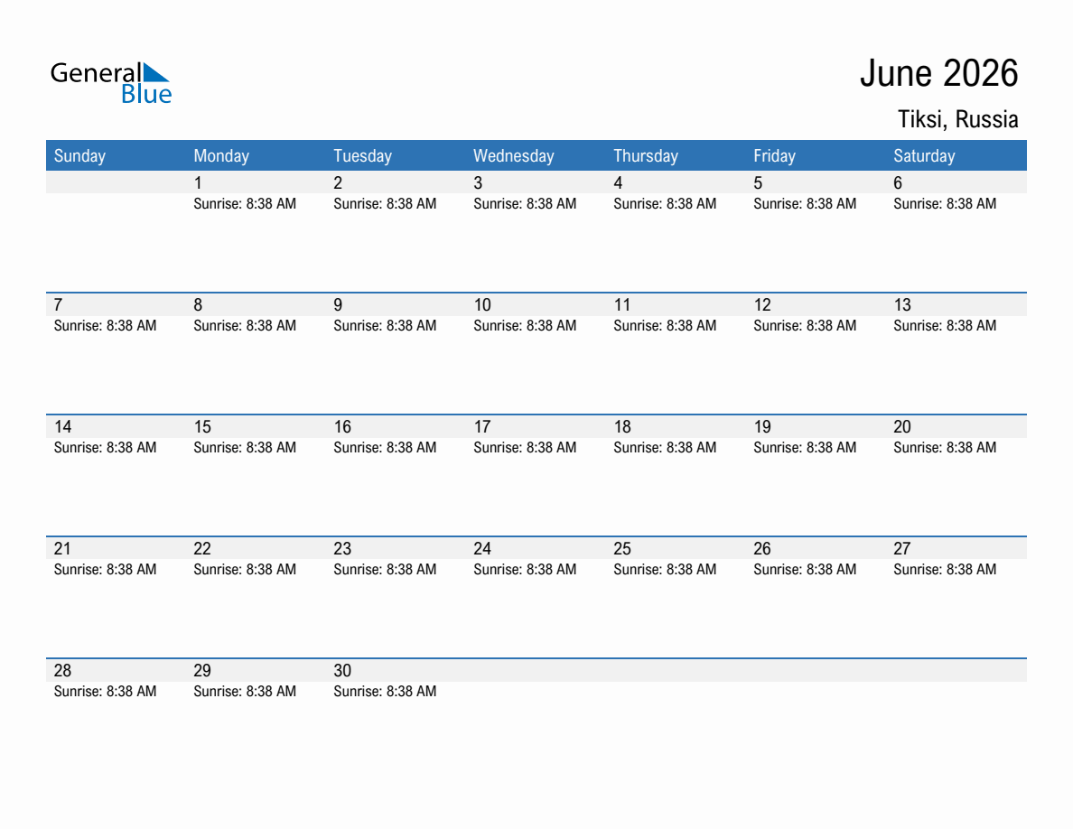 June 2026 sunrise and sunset calendar for Tiksi