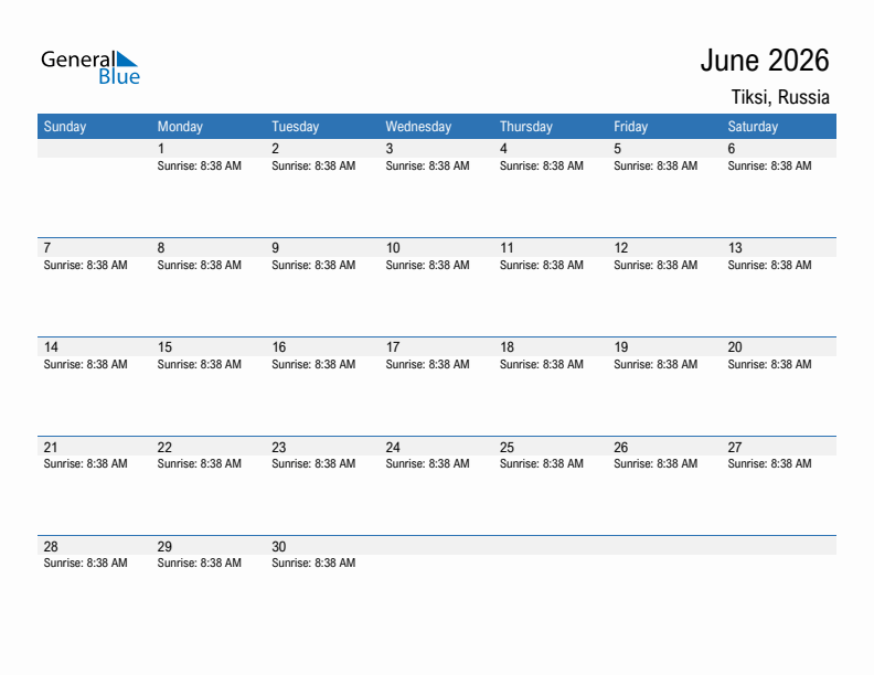 Tiksi June 2026 sunrise and sunset calendar in PDF, Excel, and Word