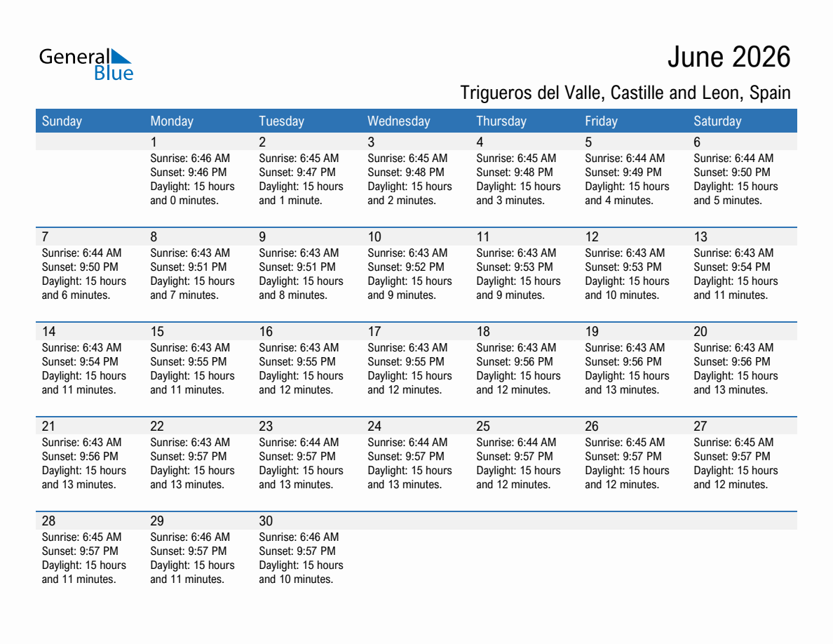 June 2026 sunrise and sunset calendar for Trigueros del Valle