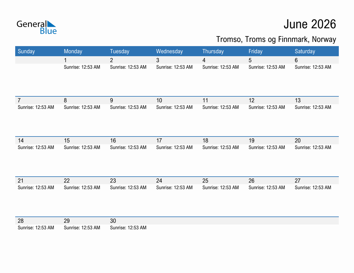 June 2026 sunrise and sunset calendar for Tromso