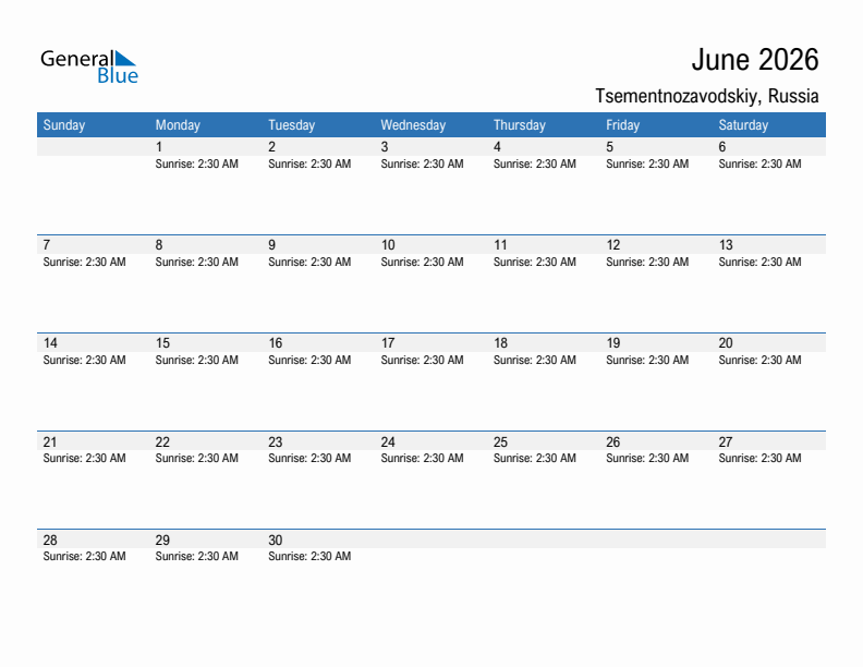 Tsementnozavodskiy June 2026 sunrise and sunset calendar in PDF, Excel, and Word