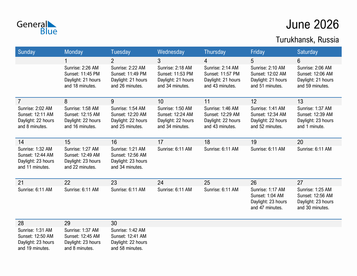 June 2026 sunrise and sunset calendar for Turukhansk