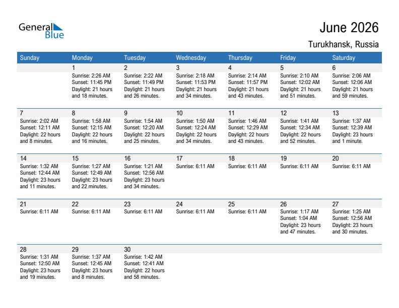 Turukhansk June 2026 sunrise and sunset calendar in PDF, Excel, and Word