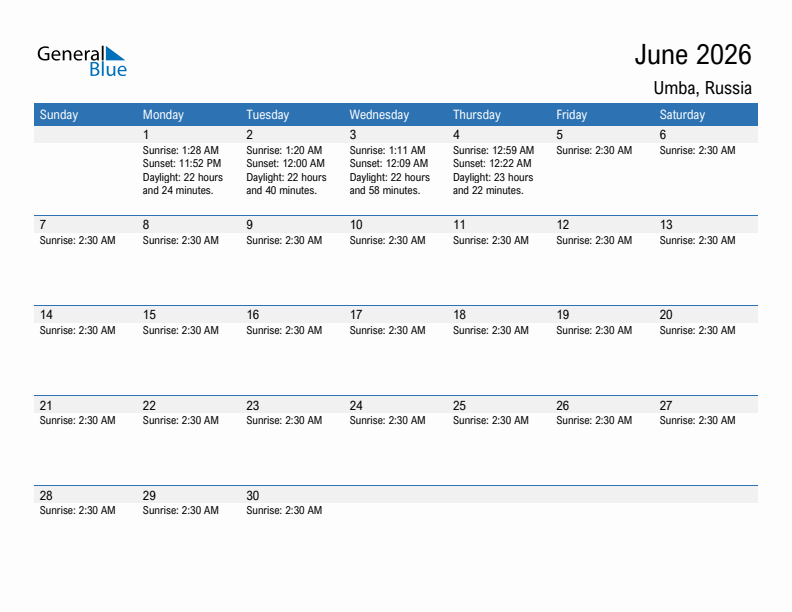 Umba June 2026 sunrise and sunset calendar in PDF, Excel, and Word