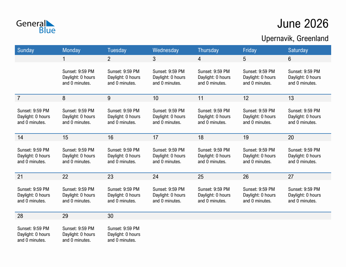 June 2026 sunrise and sunset calendar for Upernavik