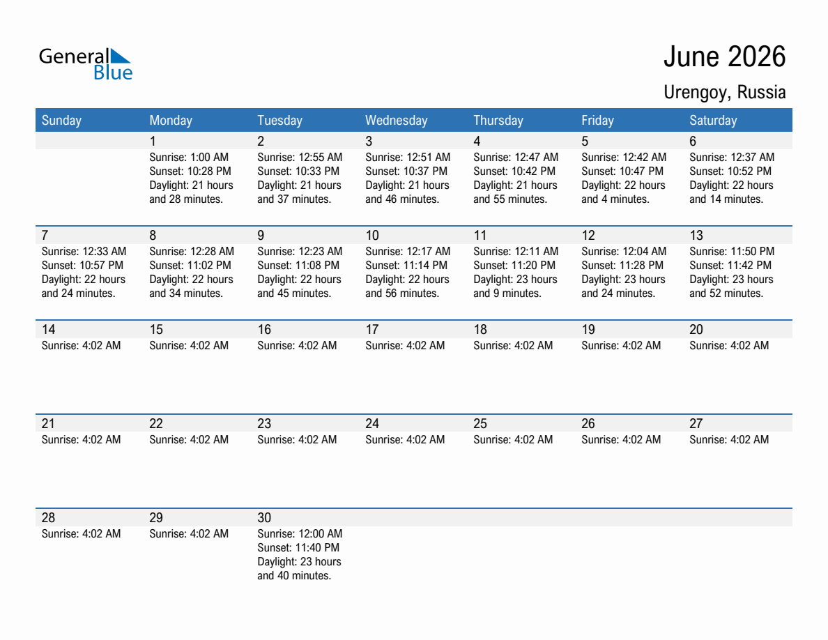 June 2026 sunrise and sunset calendar for Urengoy