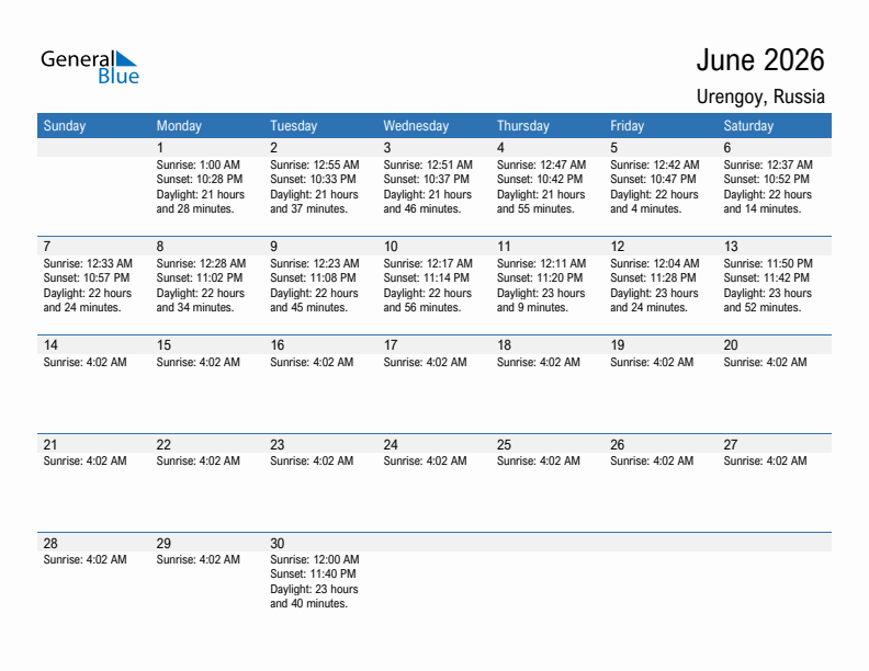 Urengoy June 2026 sunrise and sunset calendar in PDF, Excel, and Word