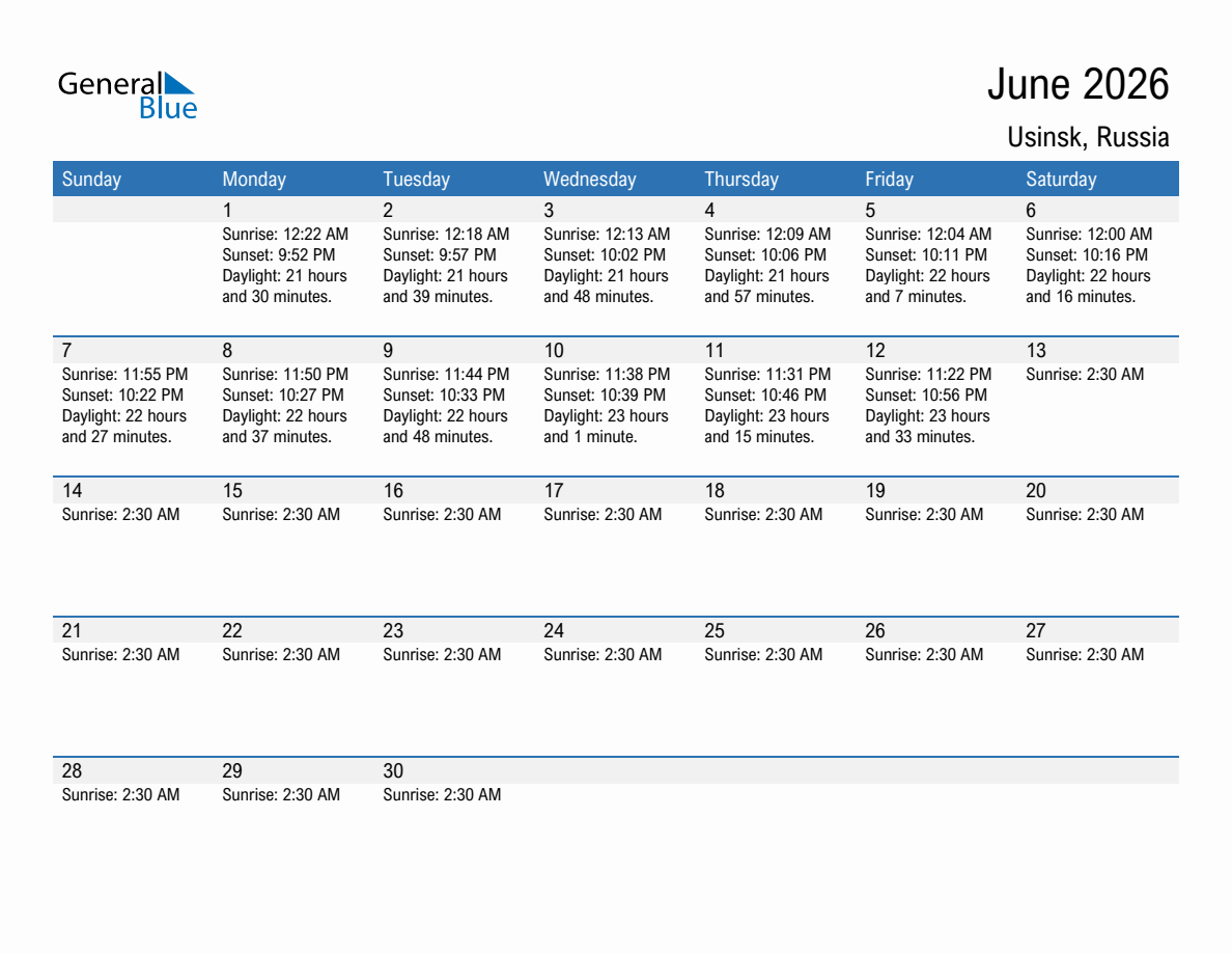 June 2026 sunrise and sunset calendar for Usinsk