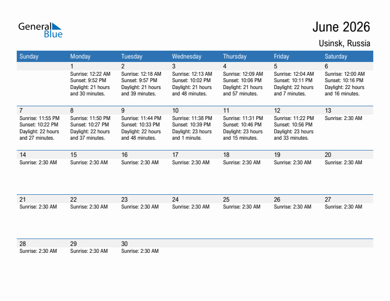 Usinsk June 2026 sunrise and sunset calendar in PDF, Excel, and Word