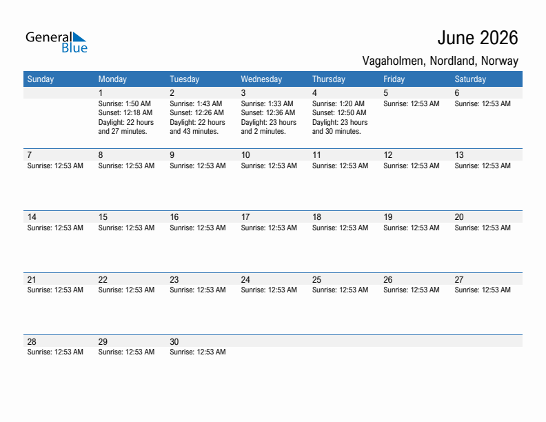Vagaholmen June 2026 sunrise and sunset calendar in PDF, Excel, and Word